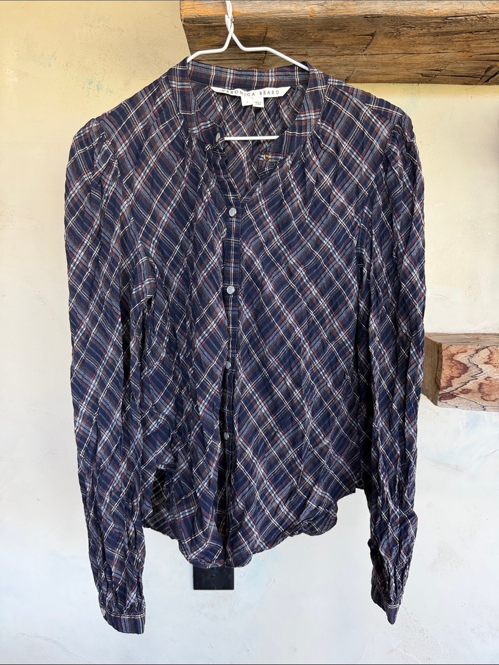 Veronica Beard Ashlynn Plaid pearl snap button down blouse with puff sleeve